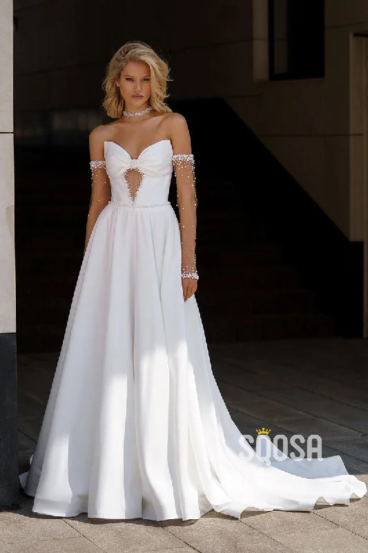 Season Finale Sale summer dressA-Line SWeetheart illusion Pearls Satin Wedding Dress Bridal Gowns With Train QW8087 Season Finale Sale summer dressA-Line SWeetheart illusion Pearls Satin Wedding Dress Bridal Gowns With Train QW8087