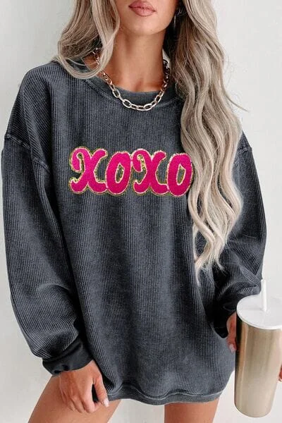 Markdown Madness comfortable athletic sweatshirtXOXO Sequin Round Neck Dropped Shoulder Sweatshirt Markdown Madness comfortable athletic sweatshirtXOXO Sequin Round Neck Dropped Shoulder Sweatshirt