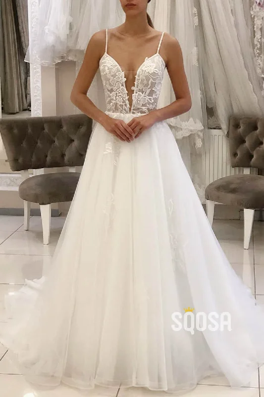 Deep Discounts statement dressA-Line Spaghetti Straps Tulle Appliques Rustic Wedding Dress QW2259