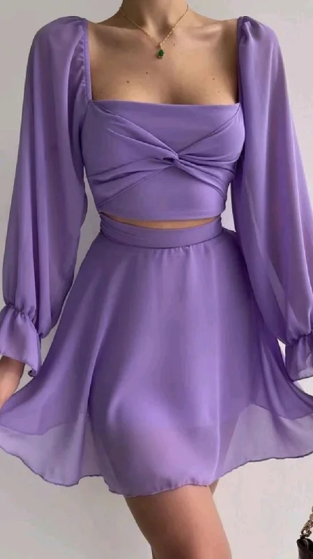 Deal Dash office dressPurple Square Neckline Chiffon Homecoming Dress Y2885