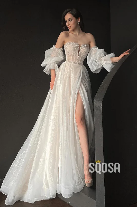Great Bargains denim dressPlunging V-Neck Pearls Short Sleeves A-line Rustic Wedding Dress QW2415