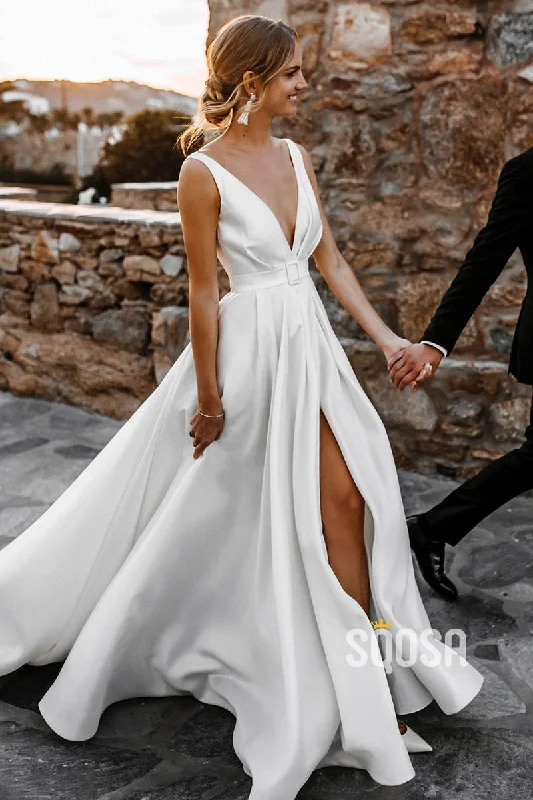 Deal Zone vintage dressAttractive Deep V-Neck White Satin Bohemian Wedding Dress QW0908