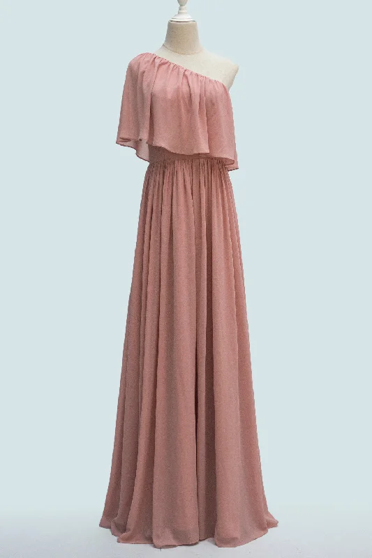 Limited Availability chic slip dressBlush Pink A-line One Shoulder Chiffon Crepe Bridesmaid Dress