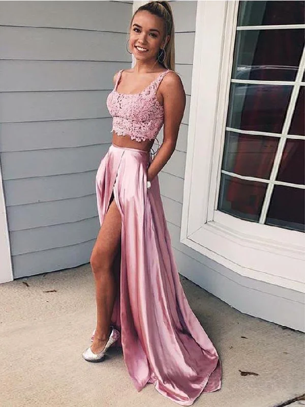 Instant Savings Two Piece Prom Dresses with Straps Aline Open Back Deep Slit Long Pink Lace Prom Dress JKL1637