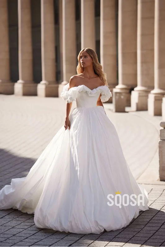 Hot Deal satin dressA Line Off Shoulder Flowers Elegant Wedding Dress with Court Train QW2236