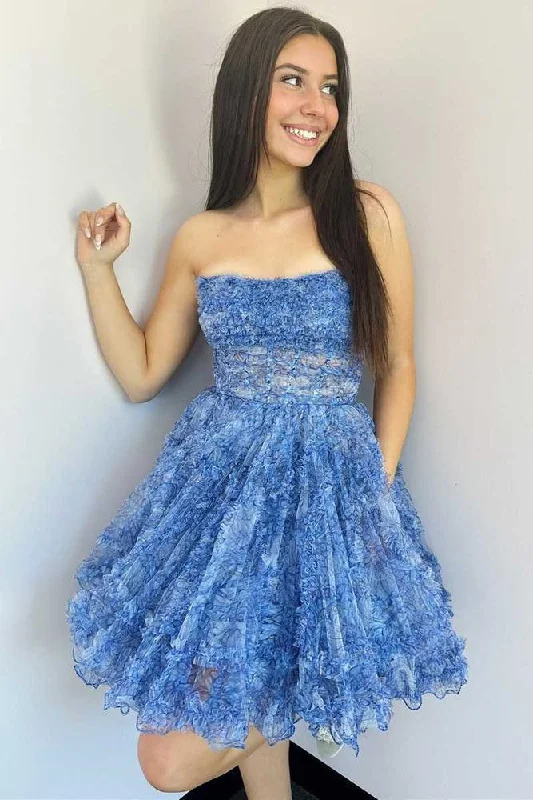 Big Savings vintage dressStrapless Blue Floral Print A-Line Homecoming Dress with Pockets