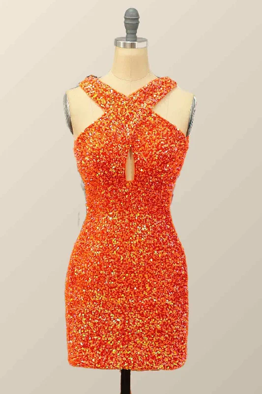 Bonus Savings long-sleeve floral dressOrange Sheath Halter Sequins Cut-Out Mini Homecoming Dress