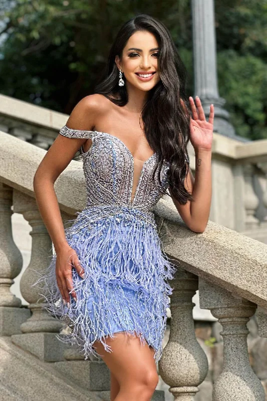 Limited Quantity party-ready dressSheath/Column Illusion V neck Beads Short Party Dress Unique Feathers Homecoming Dress QH2483