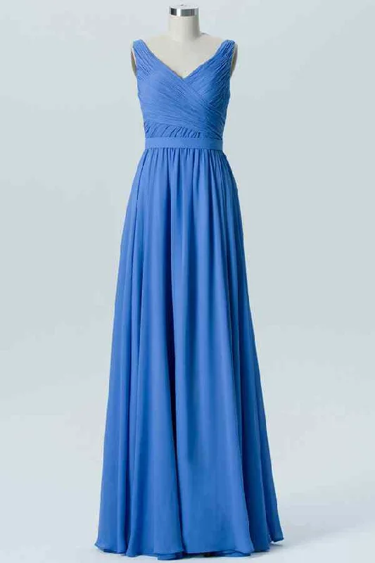 Steals and Deals casual shift dressBlue Jay A-line V Neck Chiffon Pleated Long Bridesmaid Dress