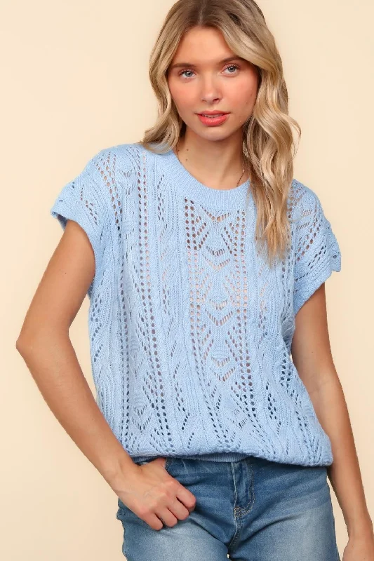 Year-End Clearance utility coatLIGHT BLUE DOLMAN SHORT SLEEVE CROCHET SWEATER KNIT