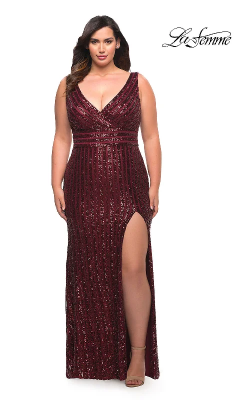 Lowest Price trendy mini dressLa Femme Striped Sequin Long Plus-Size Prom Dress