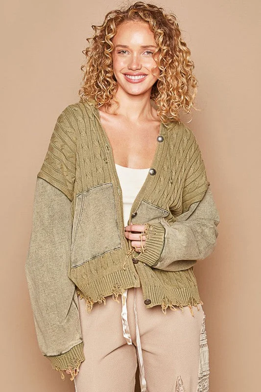 New Markdowns functional sports hoodiePOL Distressed Hem Button Up Hooded Cardigan