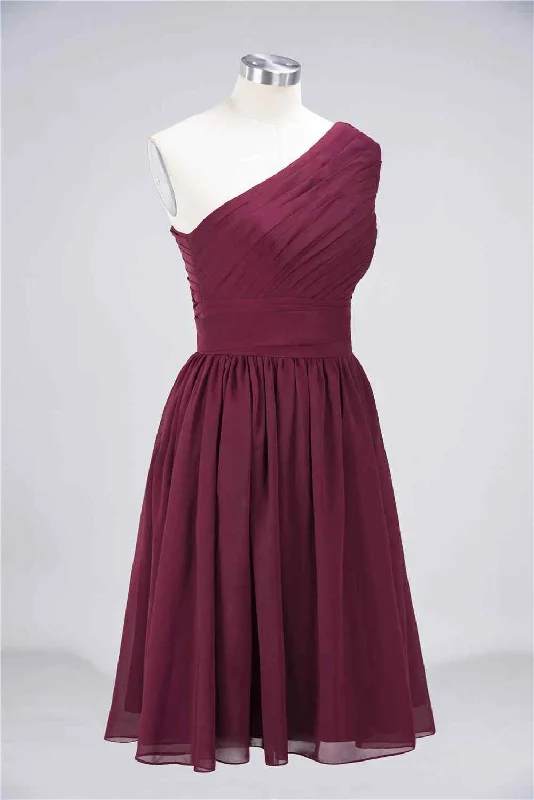 Daily Deals fitted bodycon dressBurgundy A-line One Shoulder Pleated Chiffon Mini Bridesmaid Dress