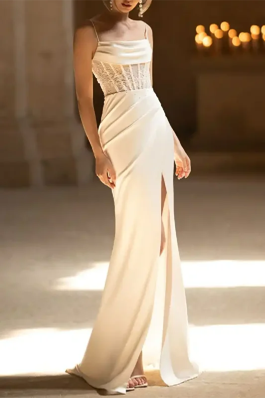 While Supplies Last party dressSpaghetti Straps Beads Elegant Mermaid Wedding Dress with Slit Bridal Gown QW2086