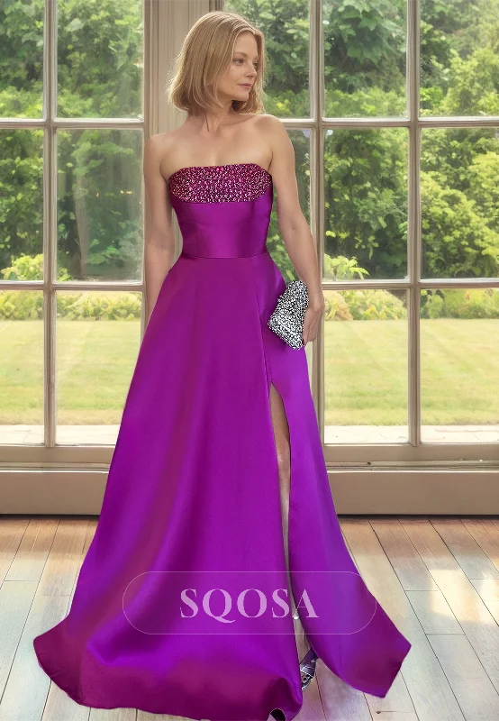 Epic Deals ruffle dressTube Top Off-Shoulder Sleeveless Floor-Length Beaded Satin A-Line Mother of the Bride Dress with Slit