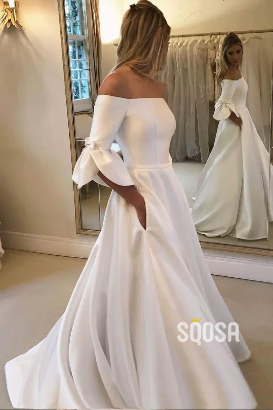 Closeout form-fitting dressA-line Off-the-Shoulder Ivory Satin Simple Wedding Dress with Pockets QW0940