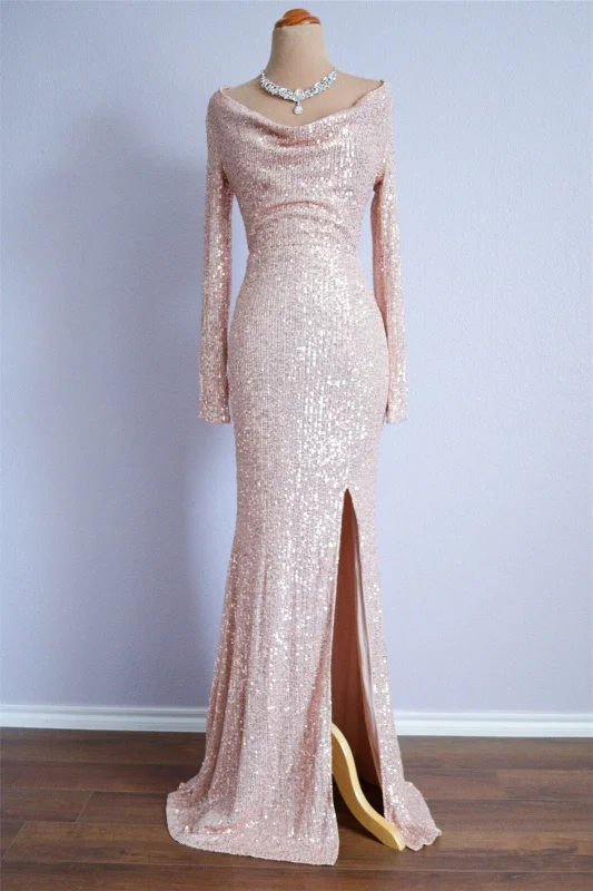 Exclusive Preview tiered dressBlushing Pink Mermaid Cowl Neck Sequins Long Formal Dress