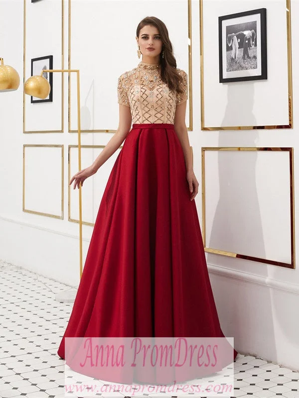 Sale Event High Neck Prom Dresses A Line Burgundy Long Beaded Prom Dress Gorgeous Evening Dress JKL1607