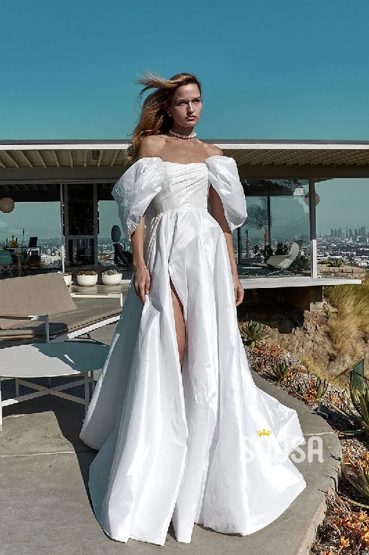 Lowest Prices elegant dressA-Line Detachable Off-Shoulder Satin Wedding Dress Bridal Gowns With Split QW8058 Lowest Prices elegant dressA-Line Detachable Off-Shoulder Satin Wedding Dress Bridal Gowns With Split QW8058