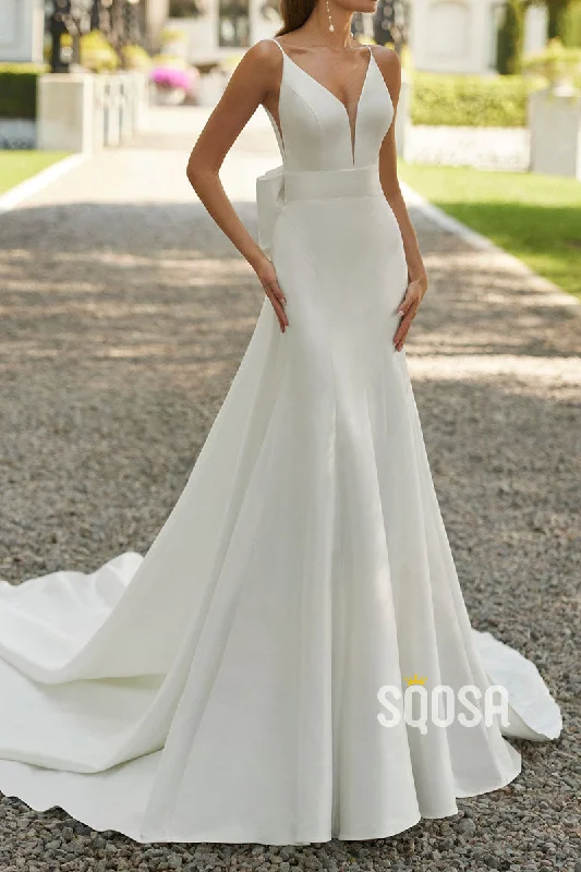 Year-End Sale floral wrap dressV-Neck Spaghetti Straps A-Line Bowknot With Train Satin Wedding Dress QW8207