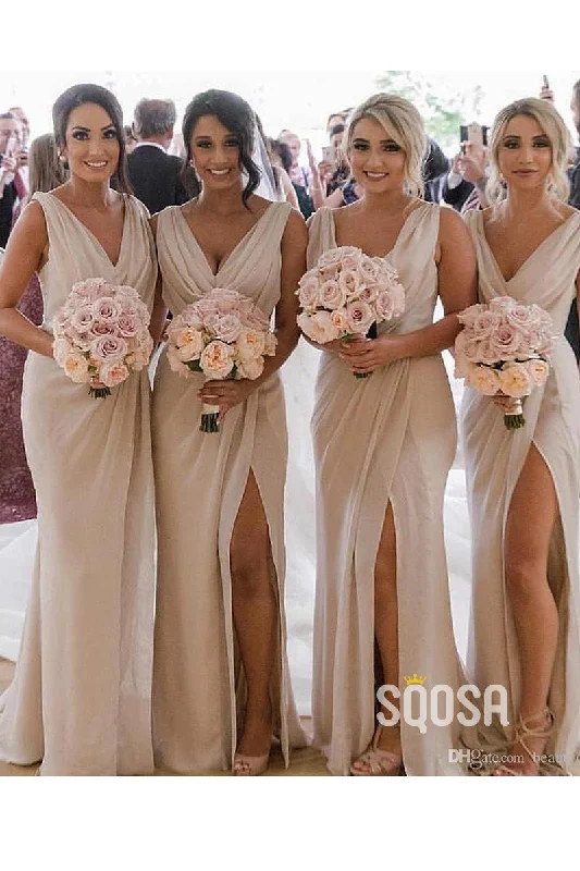 Factory Direct Sale long sleeve dressPlunging V-neck Pleats Mermaid Bridesmaid Dress QB2128 Factory Direct Sale long sleeve dressPlunging V-neck Pleats Mermaid Bridesmaid Dress QB2128