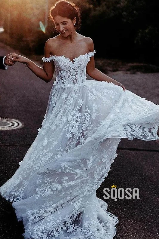 Online Specials denim dressExquisite Lace Wedding Dress Unique Off-Shoulder Bohemian Wedding Dress QW2410