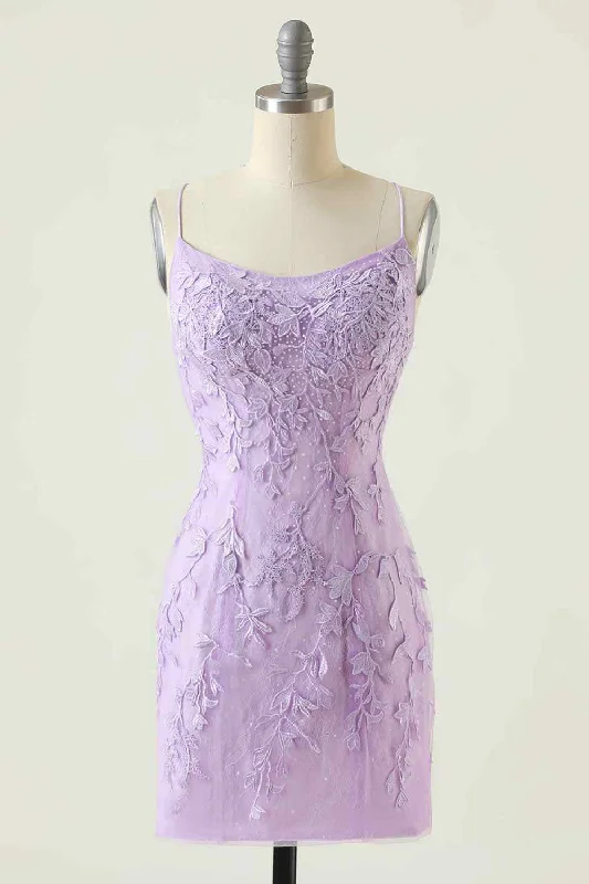 Super Bargain high-waisted dressLilac Sheath Scoop Neck Lace-up Back Applique Mini Homecoming Dress