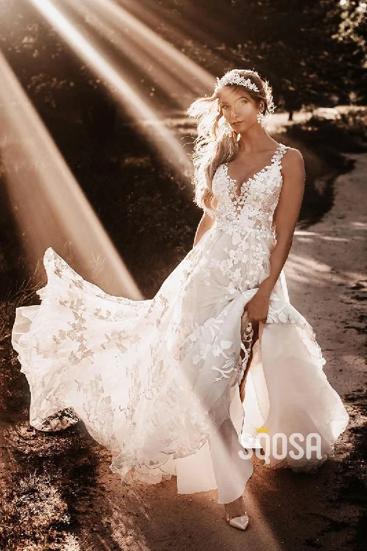 Season Finale Sale long sleeve dressA-line V-neck Appliques Beach Wedding Dress QW2683