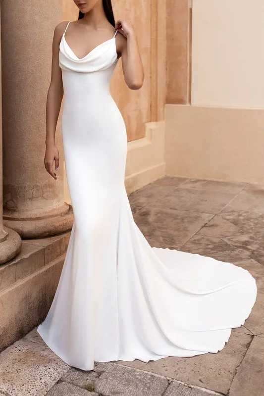 Huge Savings chic dressSpaghetti Straps Simple Mermaid Satin Wedding Dress with Court Train QW2298