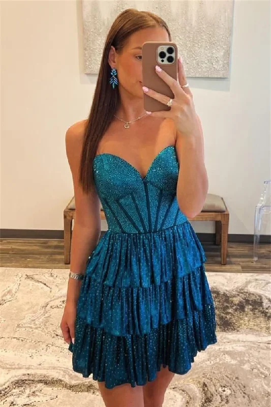 Online Only flowy dressBlue Strapless Ruffle Beaded A-Line Homecoming Dress
