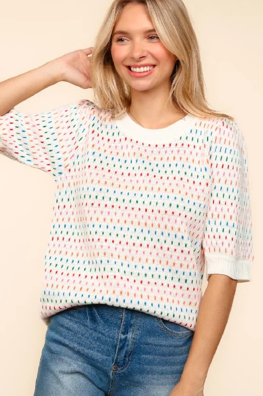 Savings Galore trendy puffer coatBUBBLE SHORT SLEEVE MULTI COLOR SWEATER TOP