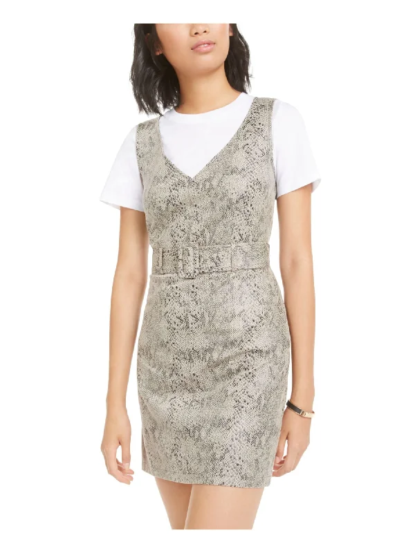Big Savings BAR III Womens Beige Faux Suede Animal Print V Neck Mini Sheath Dress
