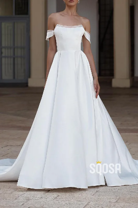Best Bargains ruched dressOff-Shoulder Bateau Satin A-Line With Train Wedding Dress QW8131