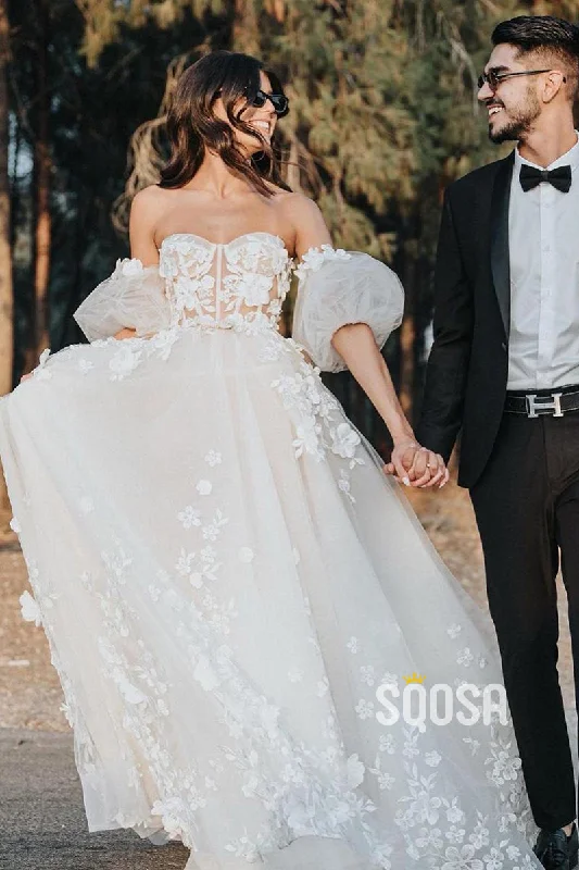 Super Sale relaxed fit dressA-line Sweetheart Lace Appliques Rustic Wedding Dress with Sleeves QW2214