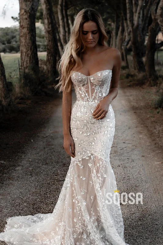 Buy Now modern dressAllover Lace Sweetheart Mermaid Wedding Dress Bohemian Bridal Gown QW2475