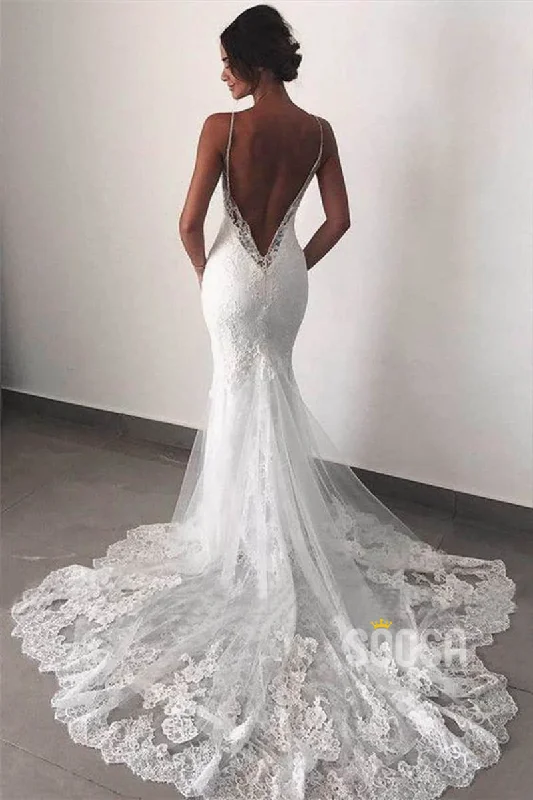 Deal of the Day relaxed fit dressChic Spaghetti Straps V-neck Lace Wedding Dress Backless Mermaid Wedding Gowns QW2092