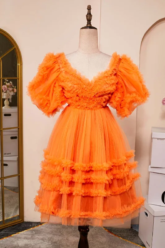 Crazy Deals long-sleeve floral dressOrange Ruffled V Neck Puff Sleeves A-line Homecoming Dress