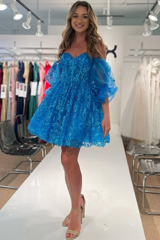 Special Price backless dressBlue Off-the-Shoulder Puff Sleeves A-line Applique Homecoming Dress Y2903