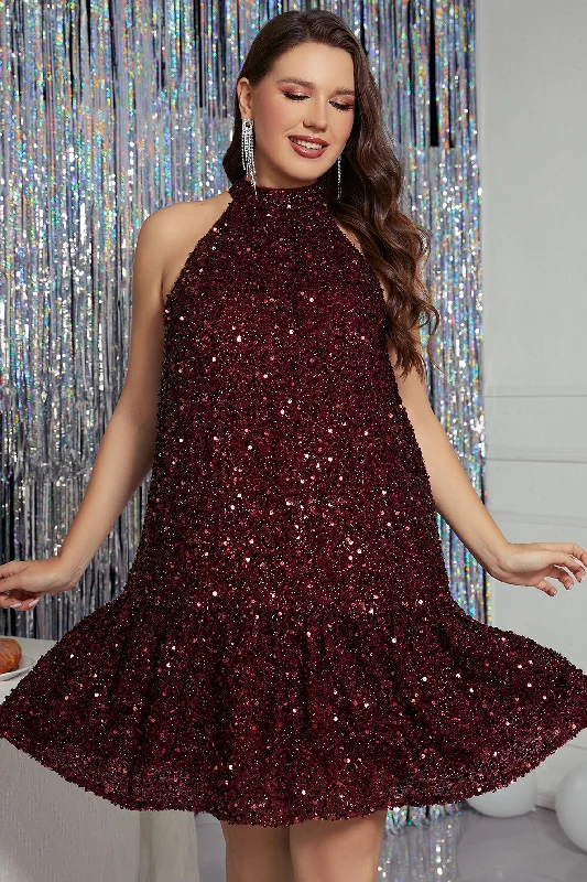 Huge Discounts off-shoulder dressBurgundy Sequins Halter Homecoming Dress
