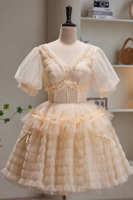 Exclusive Offers flowy dressChampagne V Neck Puff Sleeves Beaded Ruffles Homecoming Dress