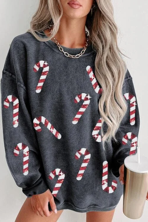 Crazy Savings chic active hoodieSequin Candy Cane Round Neck Sweatshirt