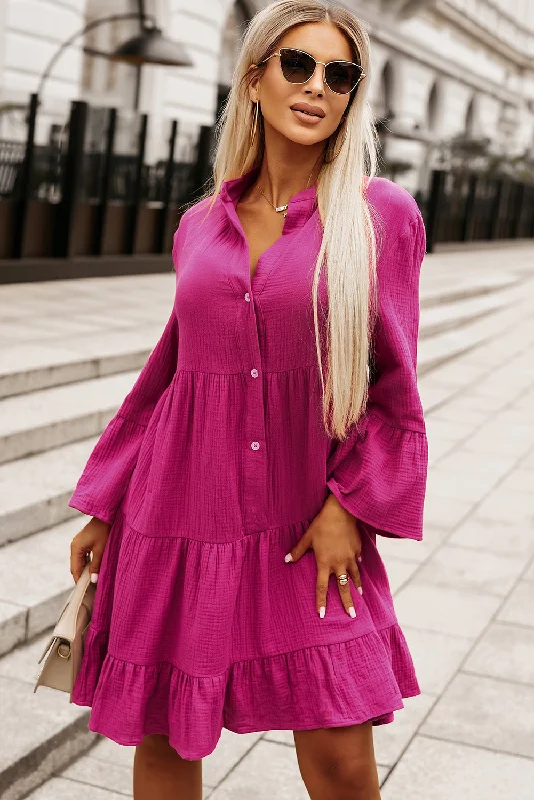While Supplies Last Rose Crinkled Tiered Split Neck Shirt Dress