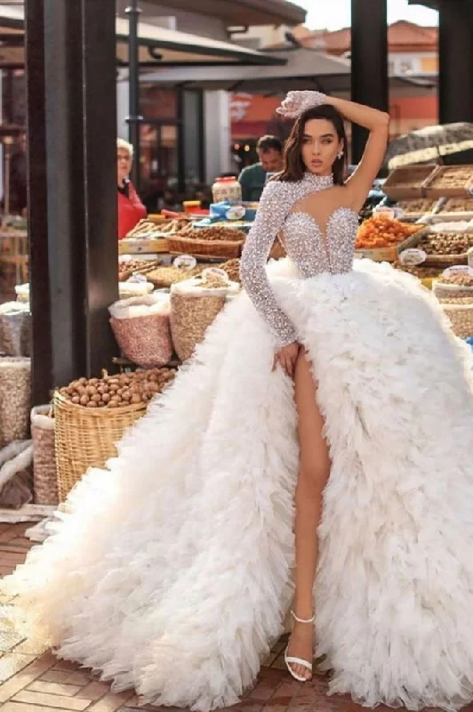 Deal of the Day Modern One Shoulder Feather Splitfront Wedding Party Gown Glitter Sequins