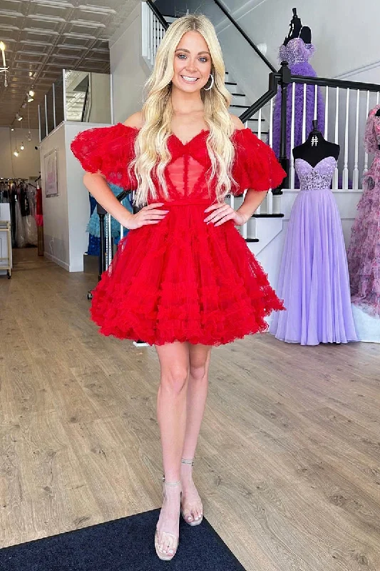 Unmissable Offer sleek midi dressA Lline Off Shoulder Short Sleeves Red Short Homecoming Dress QH2457