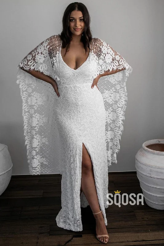 Price Slash high-waisted dressUnique Bat Sleeves V-neck Lace Bohemian Wedding Dress QW2694