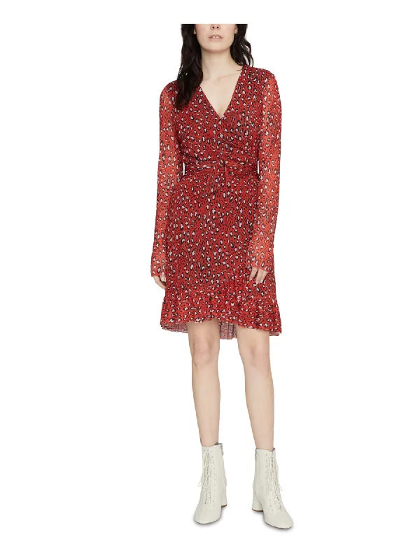 Special Discount SANCTUARY Womens Red Animal Print Long Sleeve Knee Length Wrap Dress