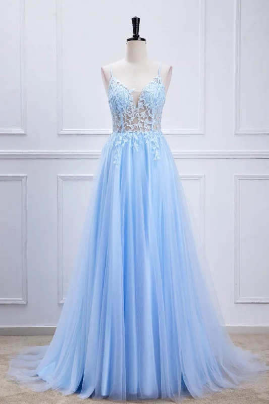 Price Drop long sleeve dressLight Blue Lace-Up Appliques A-line Long Prom Dress