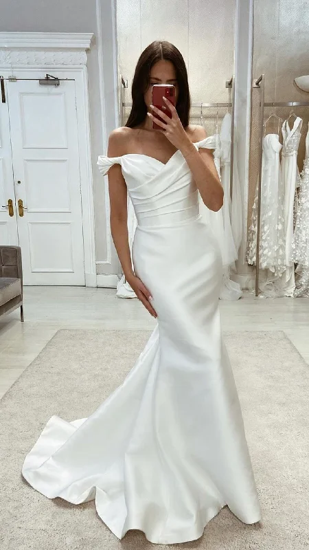 Stock Clearance chic dressChic Satin Trumpet Off-Shoulder Ruched With Train Beach Wedding Dess QW8118 Stock Clearance chic dressChic Satin Trumpet Off-Shoulder Ruched With Train Beach Wedding Dess QW8118