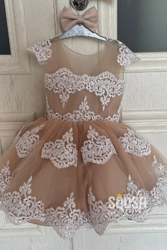 Deep Discounts cocktail dressA-line Scoop Lace Appliques Champagne Flower Girl Dress First Commuinon Dress QF1023