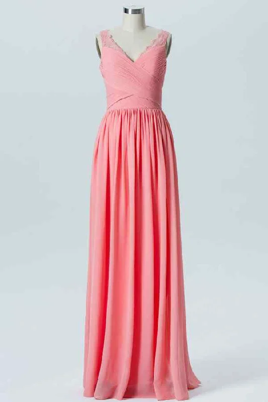 New Deals casual slip dressCoral A-line V Neck Chiffon Pleated Lace Straps Long Bridesmaid Dress